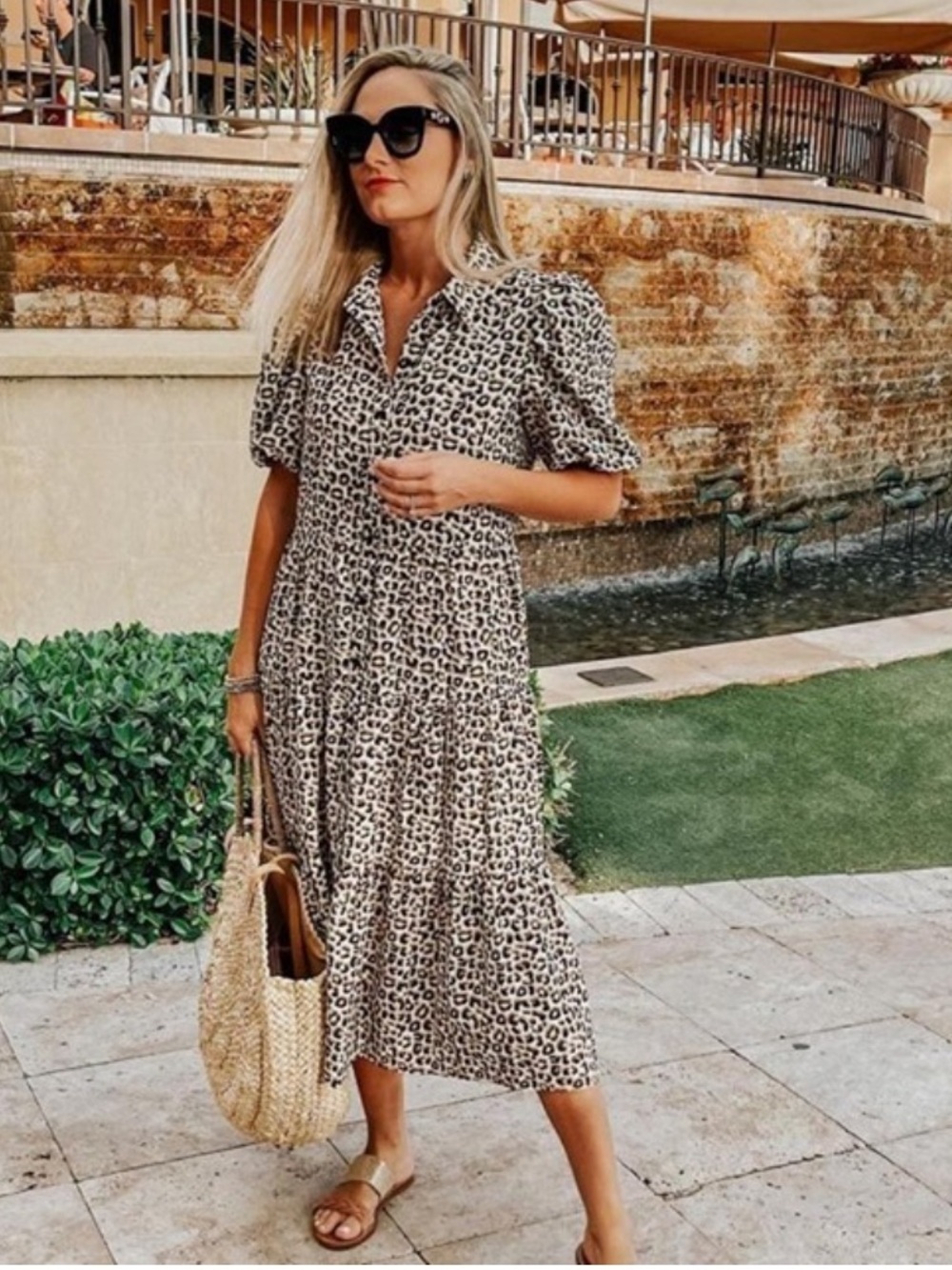 Charles Henry tiered midi shirt dress with puff sleeves